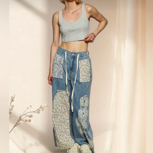 POL Boho Patchwork Denim Pants | Floral Appliqué Wide Leg Drawstring Jeans - Picture 8 of 9